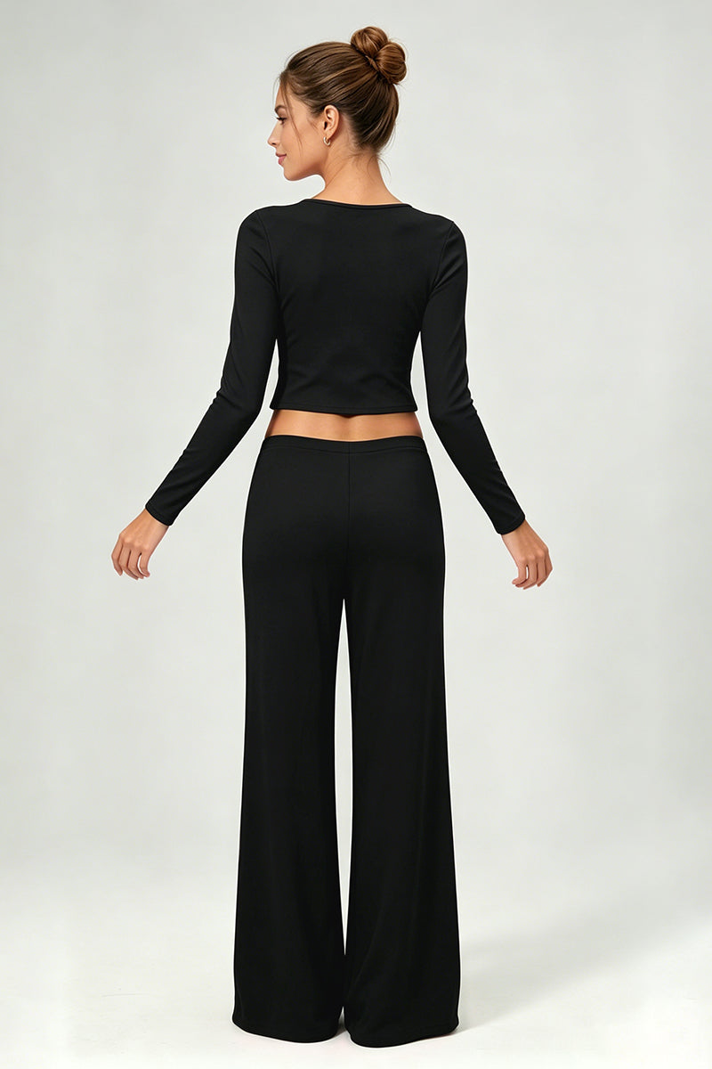 Women's Casual Top And Low-Rise Flowy Wide-Leg Pants Set