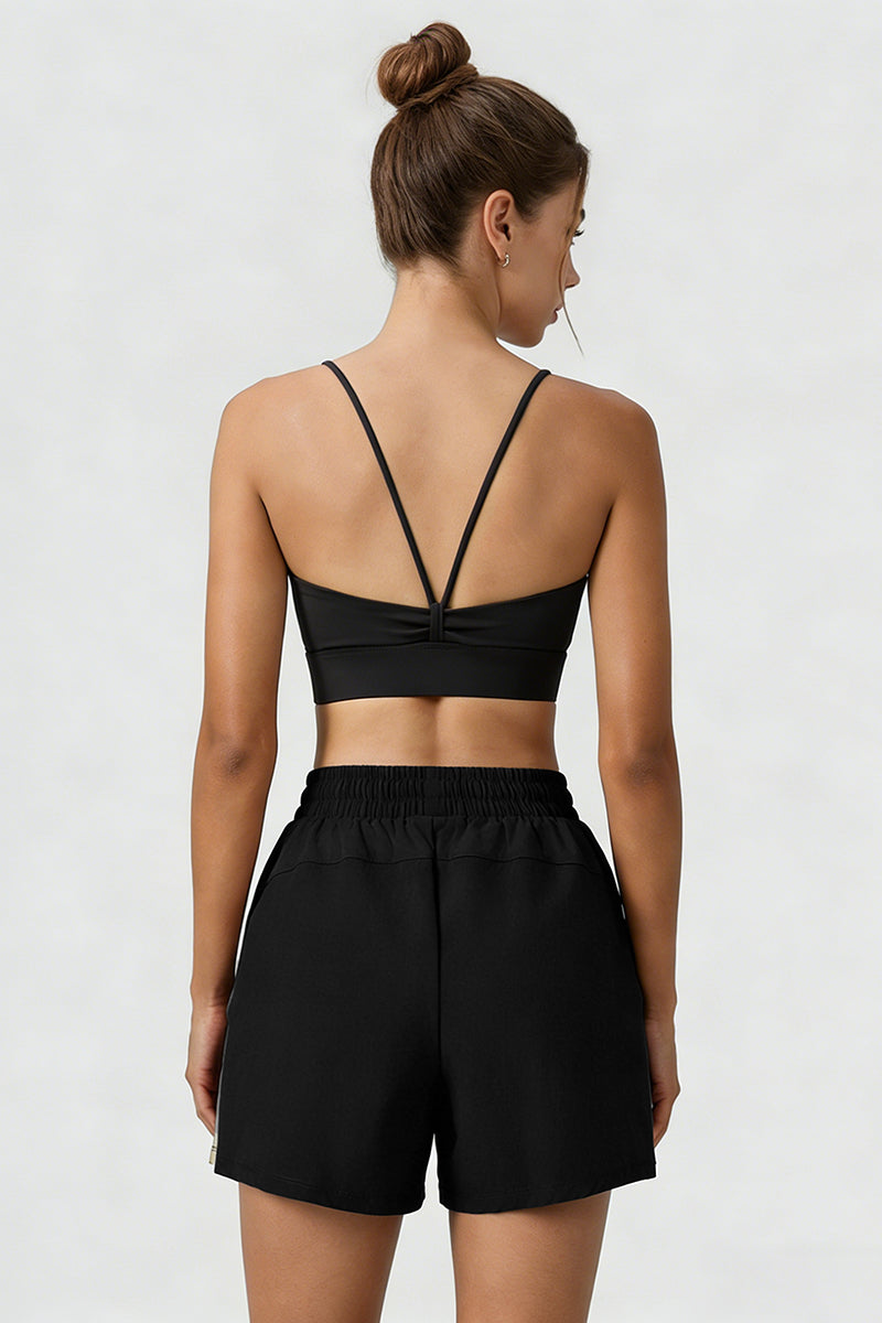 Women Sports Sets:Thin Strap Bra And  Side Pocket Shorts