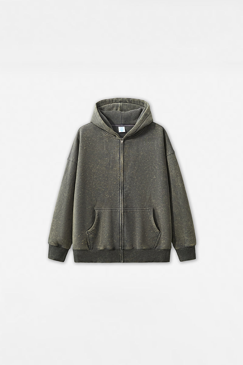 Unisex Washed Fleece Double-Zip Hooded Jacket
