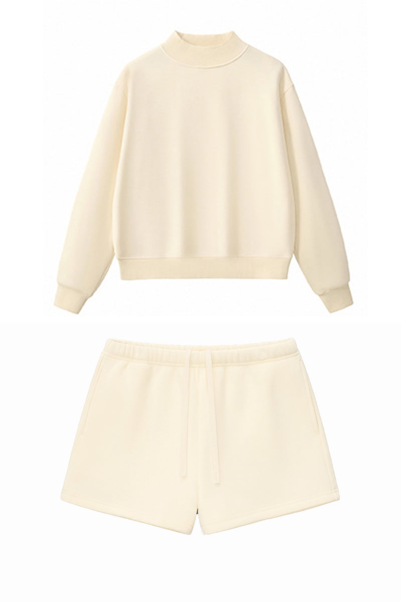 Women Loose Set:Mock Neck Sweatshirt + Shorts