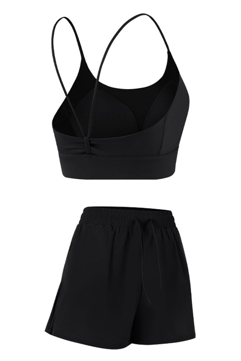 Women Sports Sets:Thin Strap Bra And  Side Pocket Shorts