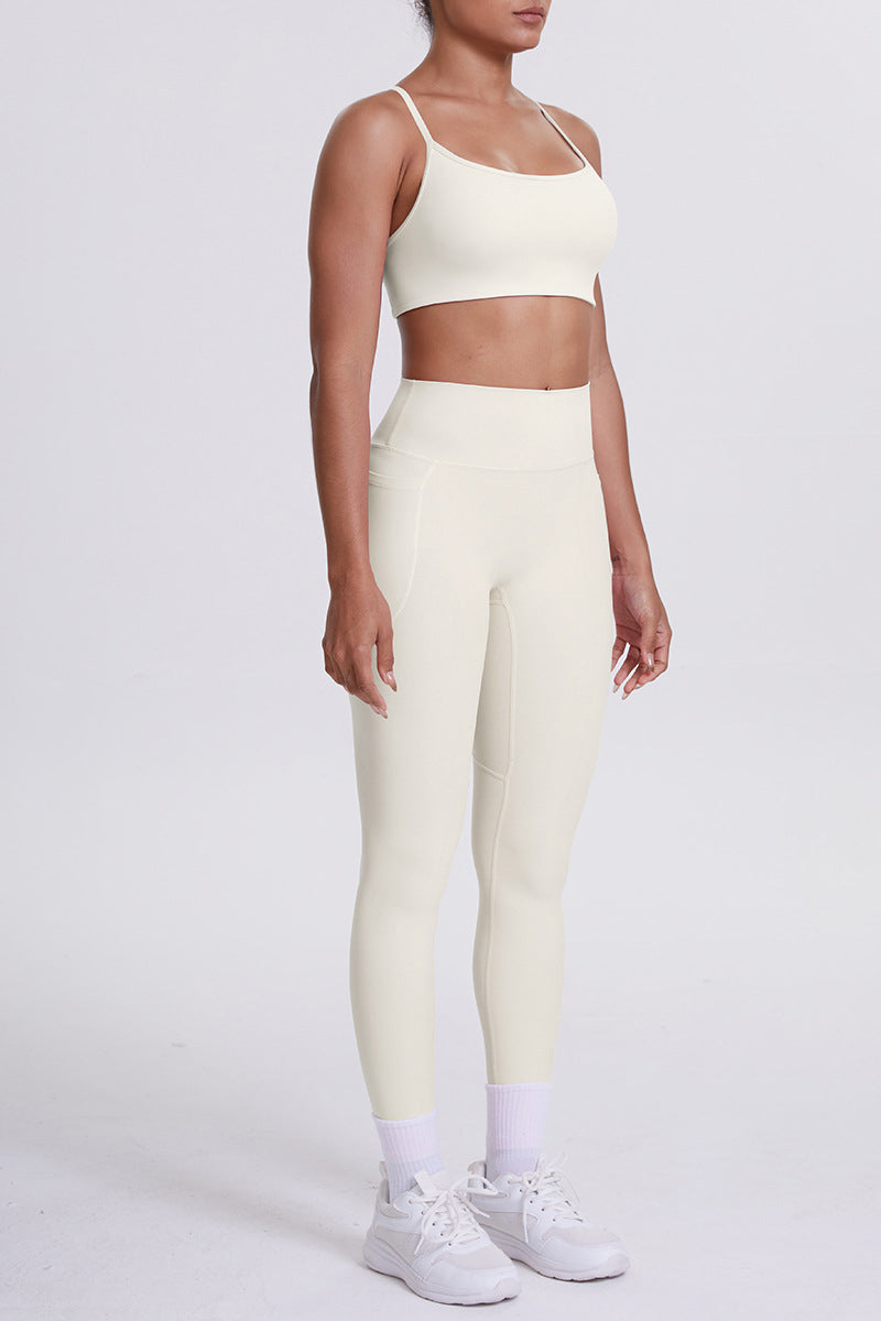 Women High-Waisted Pocket Yoga Set: Seamless Sports Bra + Sculpting Leggings