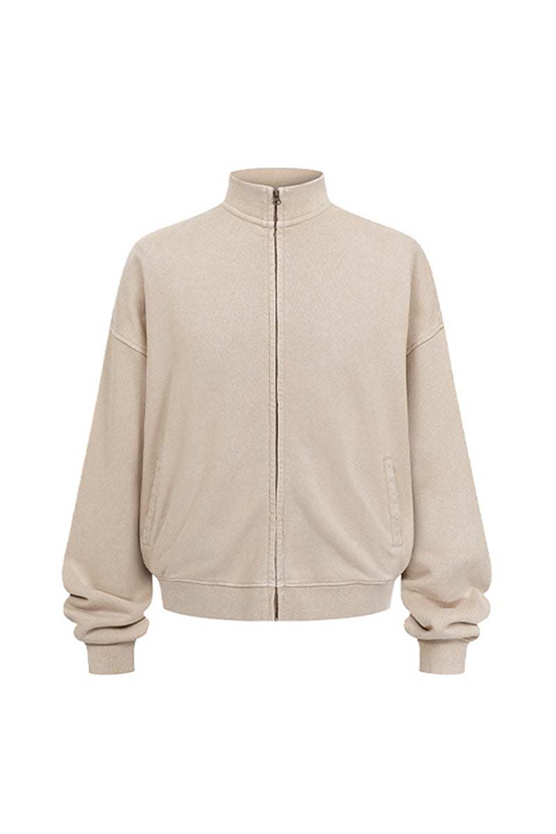 Men/Women Vintage Washed Zip-up Sweatshirt - Pure Cotton Terry Stand-up Collar