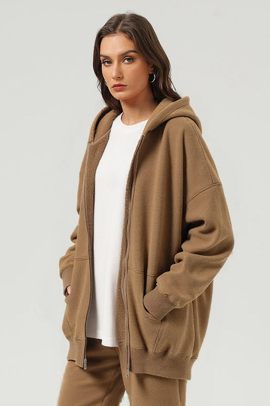 Unisex Washed Fleece Double-Zip Hooded Jacket