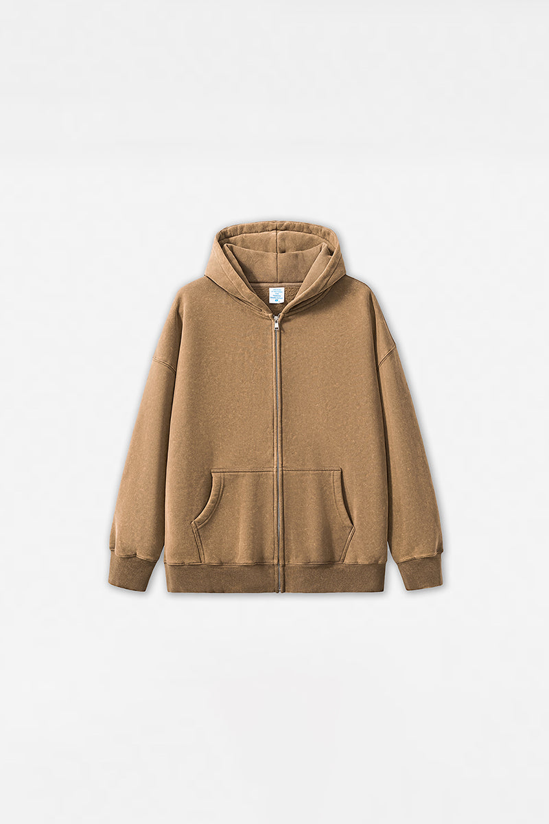 Unisex Washed Fleece Double-Zip Hooded Jacket