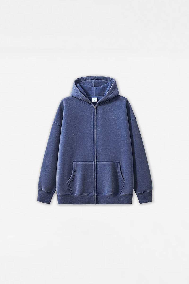 Unisex Washed Fleece Double-Zip Hooded Jacket