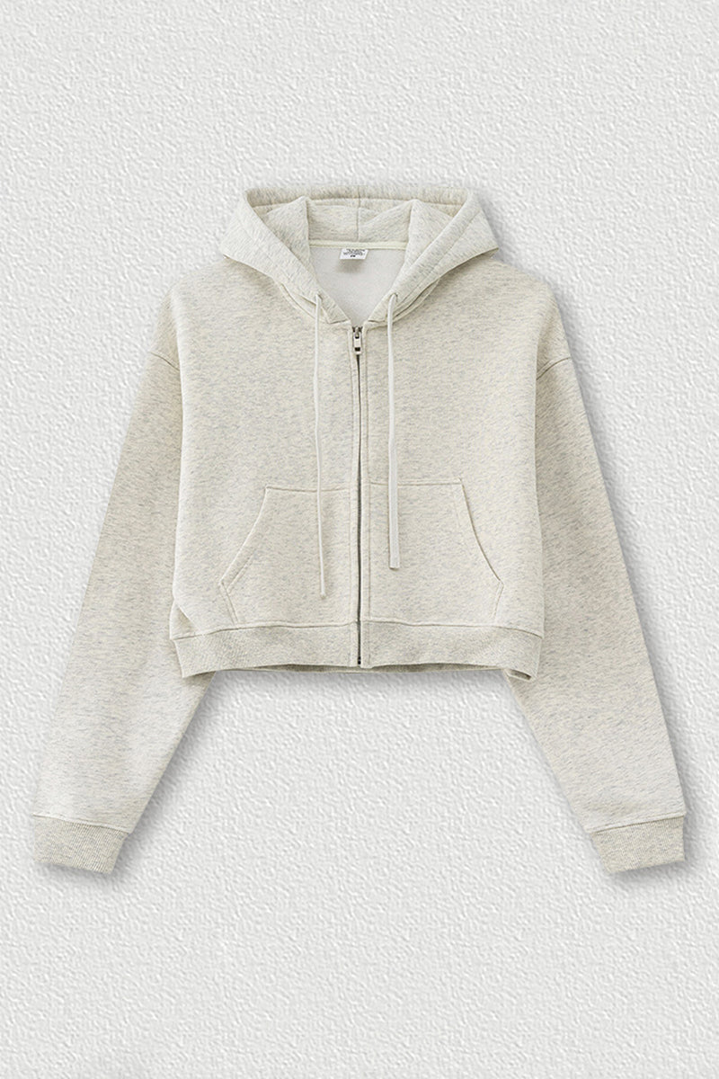 Loose cropped zip-up hooded jacket