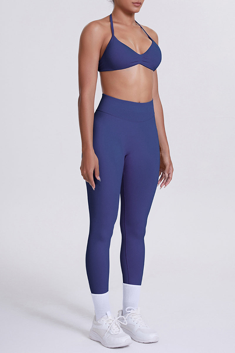 Women Seamless Yoga Set: High-Waisted Sculpting Leggings + Halter Neck Sports Bra