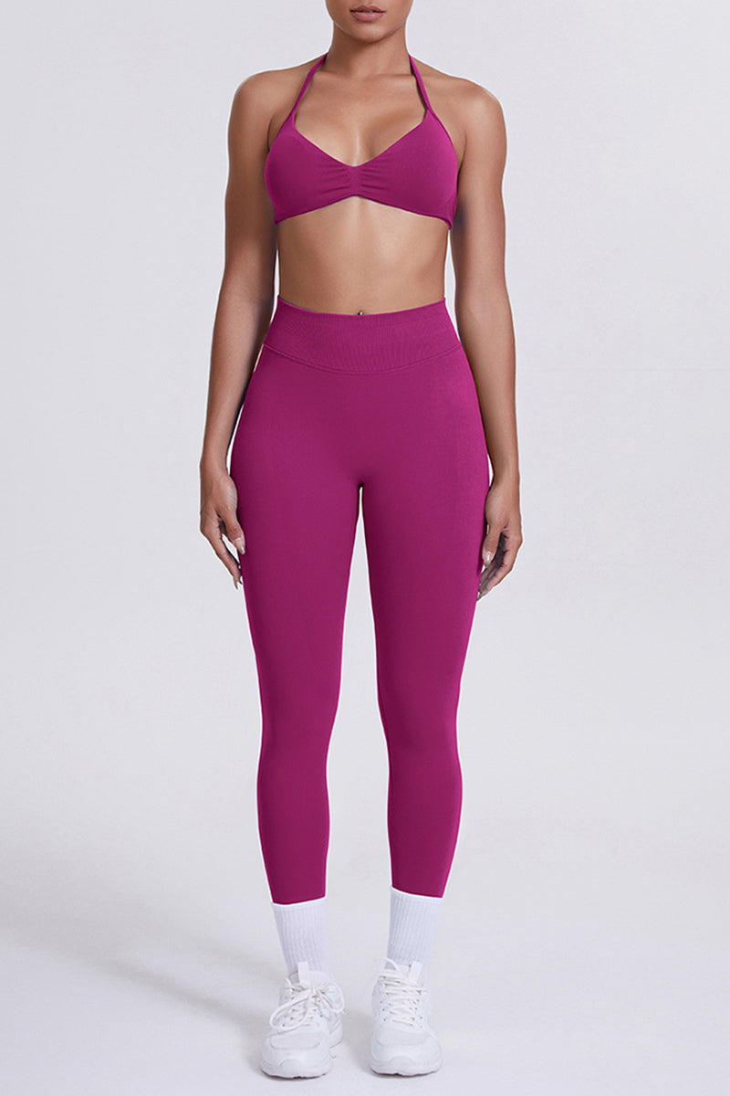 Women Seamless Yoga Set: High-Waisted Sculpting Leggings + Halter Neck Sports Bra