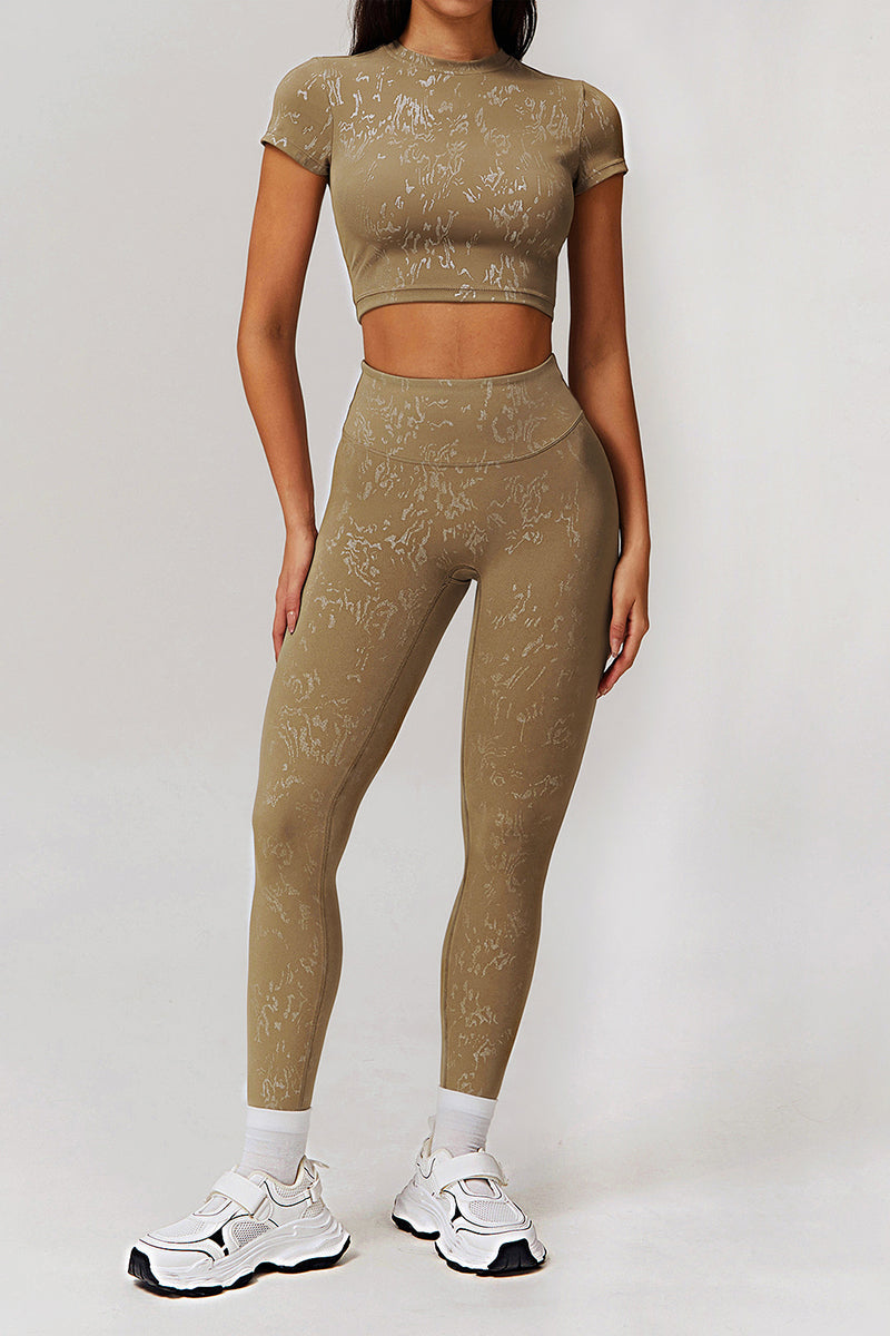 Women Gold Foil Fabric Sports T-Shirts + Yoga Sports Leggings