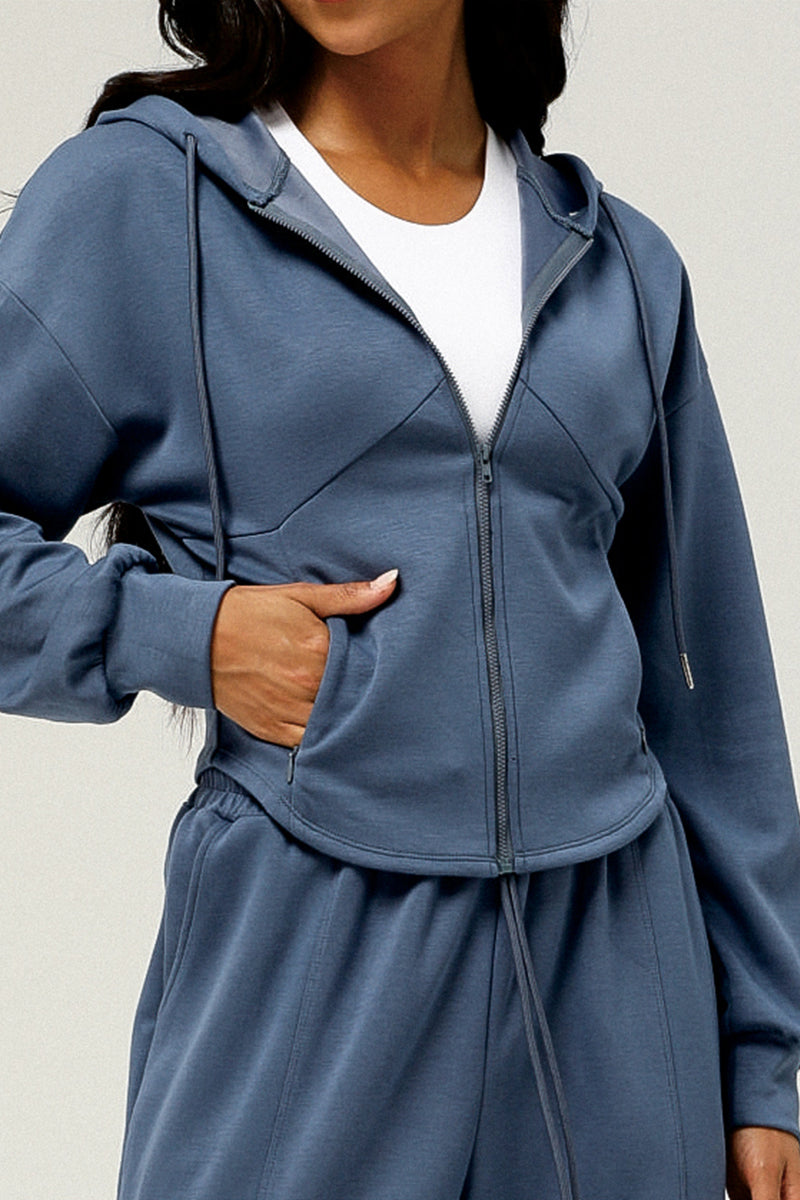 2 Pcs Set Zippered Jacket Hooded Casual Cardigan Jacket + High Waist Drawstringwide Leg Pants